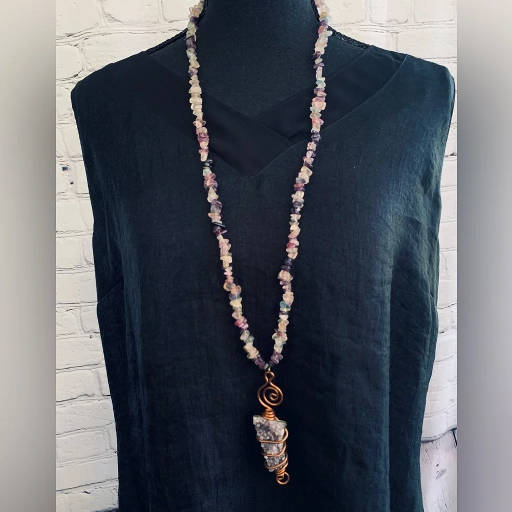 Artisan Amethyst Geode Copper Wire Wrapped Pendant Crystal Necklace - Picture 5 of 10